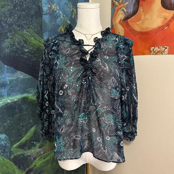 anthropologie sheer ruffle floral blouse xsp fairy boho top - Picture 5 of 9
